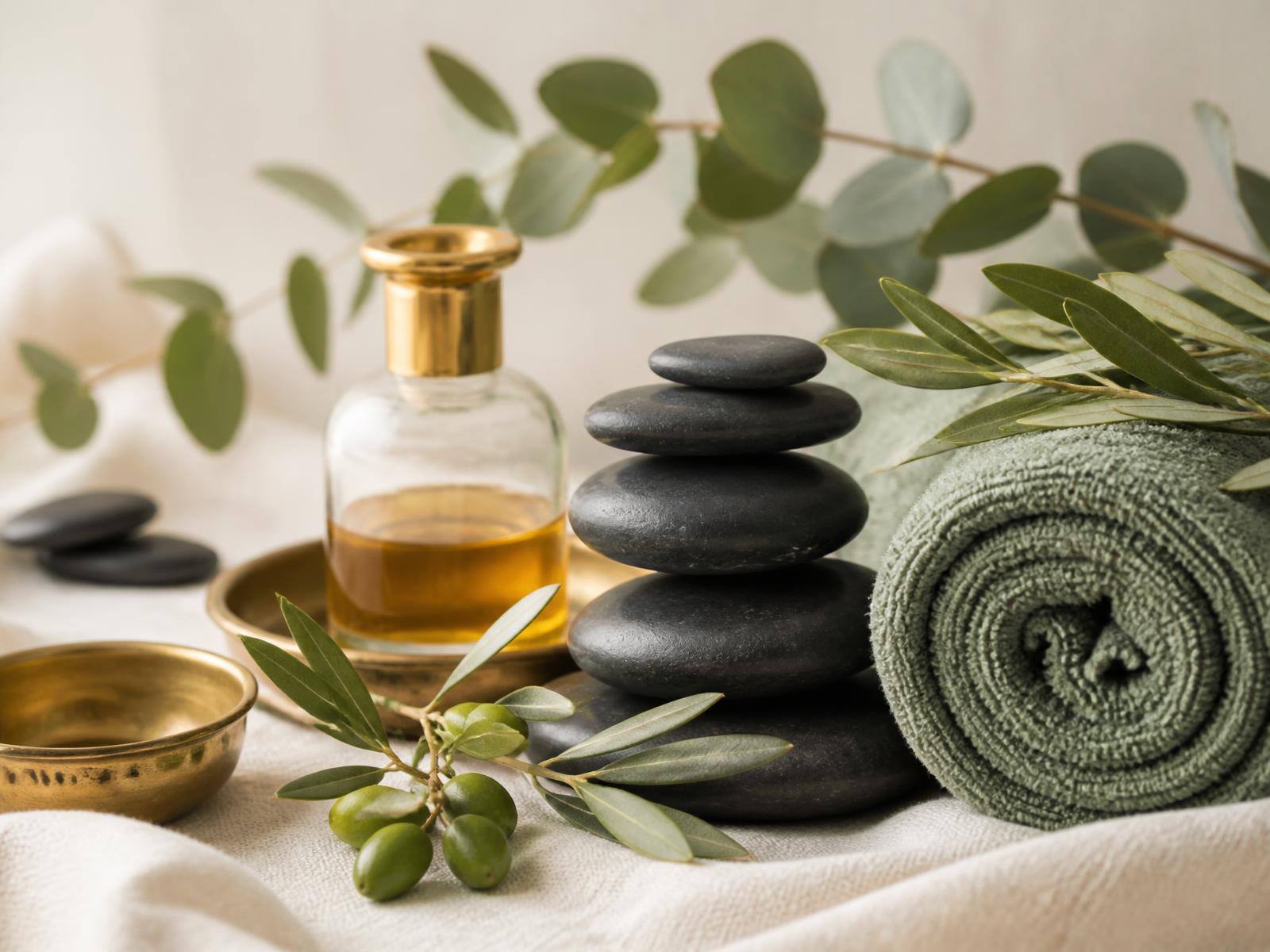 Warm cream spa setting with hot stones, rolled towel, and eucalyptus